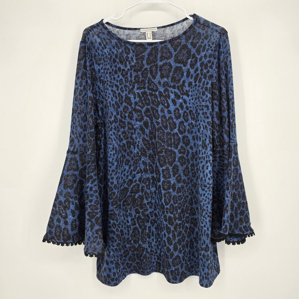 Susan Graver Leopard Print Bell Sleeve Top Large Blue Metallic Glam